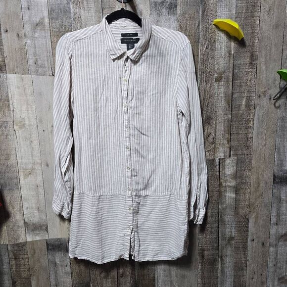 Tahari Linen Cream and Pink Stripe Button Up Tunic Mini Dress - Picture 1 of 3